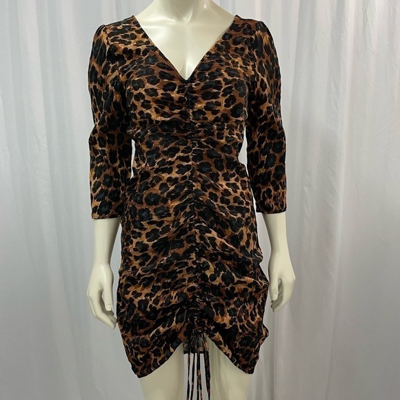Zara Leopard Print Cocktail Dress with Front Ruching Size Medium - Picture 1 of 7